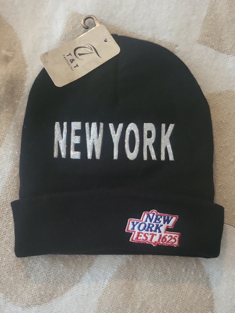 Super Cute Black 'New York' Beanie with Sparkly Silver Glitter Lettering